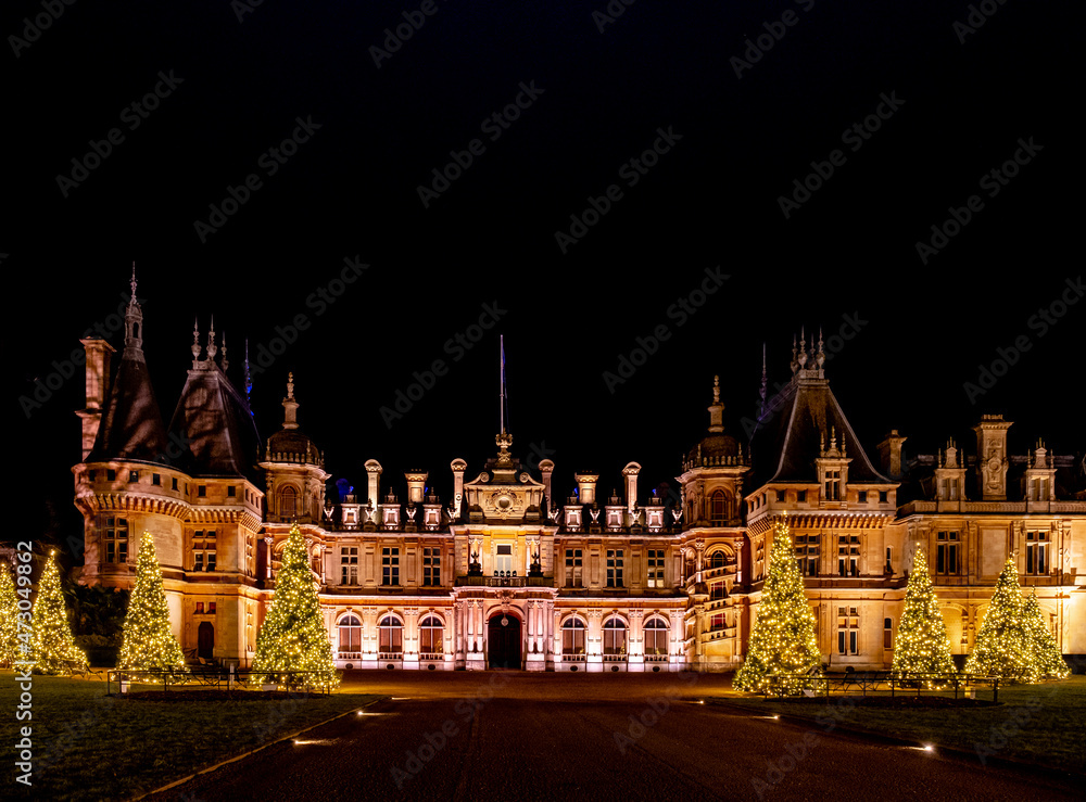 The manor at Waddesdon in Buckinghamshire illuminated in winter lights for Christmas
