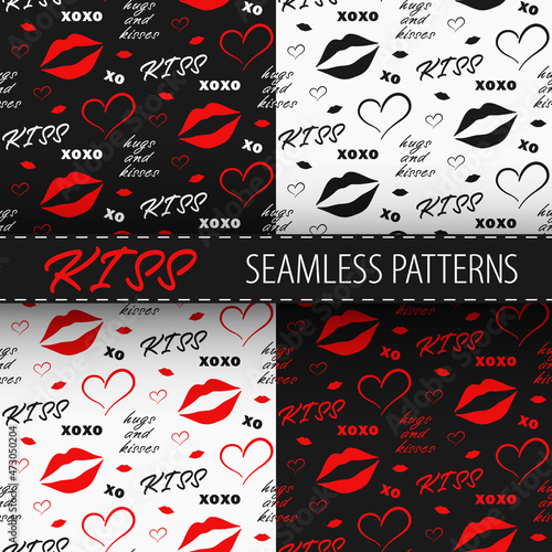 Hearts, kissing lips and lettering seamless patterns collection. Four different variants in red, black and white colors. Best for textile, print, wrapping paper, package and festive decoration.