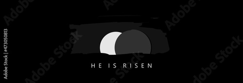 He is risen and an empty burial cave on a black background. Easter. 