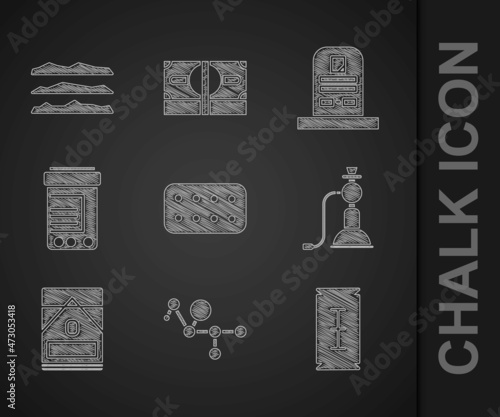 Set Pills in blister pack, Cannabis molecule, Blade razor, Hookah, Cigarettes box, Medicine bottle and pills, Tombstone with RIP written and Cocaine heroin drug icon. Vector