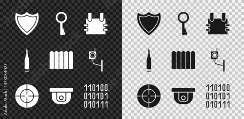 Set Shield, Old key, Bulletproof vest, Target sport, Motion sensor, Binary code, and Garden fence wooden icon. Vector