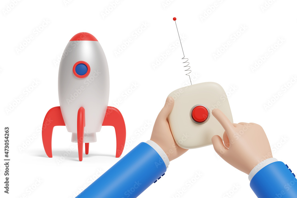 Cartoon hand pressing a button to launch a spaceship. 3d illustration. Cartoon hand pressing a button to launch a spaceship. 3d illustration.