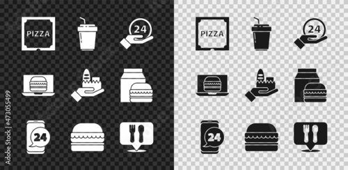 Set Pizza in cardboard box, Coffee cup to go, Clock 24 hours, Food ordering, Burger, Cafe and restaurant location, Online burger delivery and icon. Vector