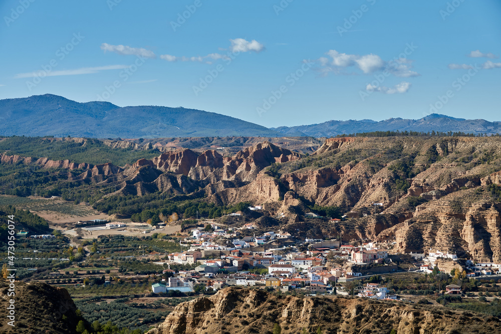 Cárcavas de Marchal (Spain), natural monument of Andalusia: cave houses are dwellings excavated in the foothills of the badlands