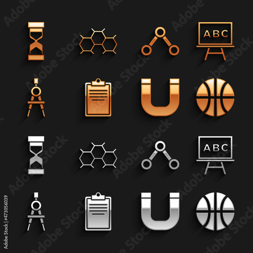 Set Clipboard with checklist, Chalkboard, Basketball ball, Magnet, Drawing compass, Molecule, Old hourglass sand and Chemical formula icon. Vector