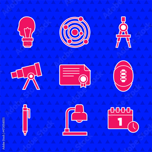 Set Certificate template, Table lamp, Calendar first september date, American Football ball, Pen, Telescope, Drawing compass and Light bulb with concept of idea icon. Vector