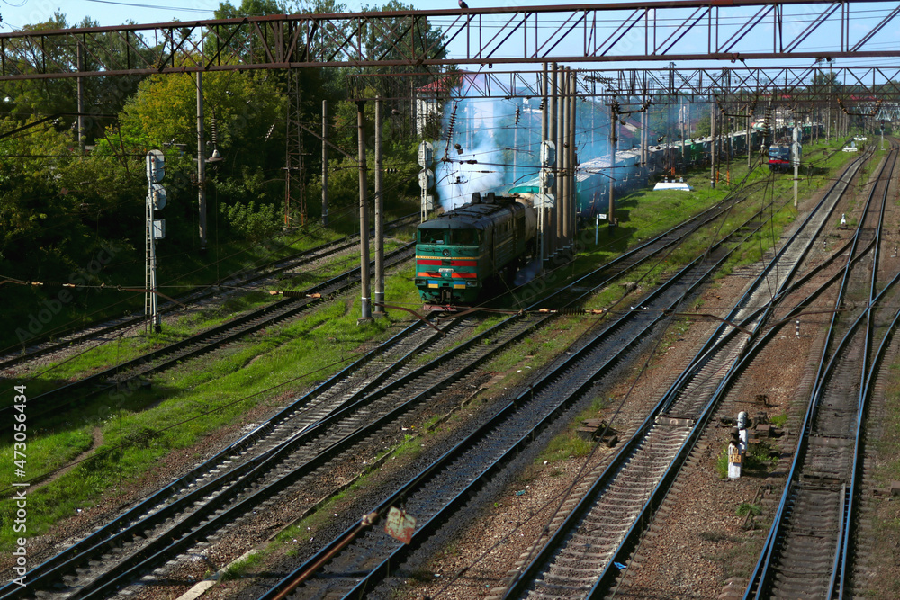 Obraz premium The old freight train and track in Ukraine.