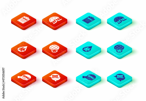 Set GMO, DNA symbol, Genetically modified orange and icon. Vector