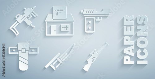 Set Bayonet on rifle, Pistol or gun, Knife holster, Hunting, shop weapon and MP9I submachine icon. Vector
