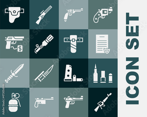 Set M16A1 rifle, Bullet, Firearms license certificate, Revolver gun, Anti-tank hand grenade, Buying pistol, Gun holster and Knife icon. Vector