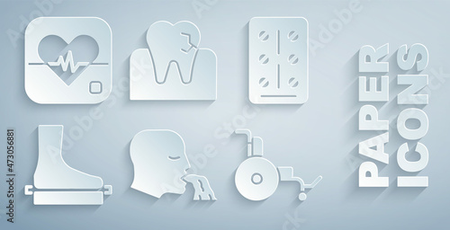 Set Vomiting man, Pills blister pack, Flat foot, Wheelchair, Tooth with caries and Heart rate icon. Vector