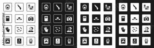 Set Marker of crime scene, Sheriff hat with badge, Police assault shield, Doctor pathologist, Photo camera, shotgun, Murder and Plastic bag ziplock icon. Vector