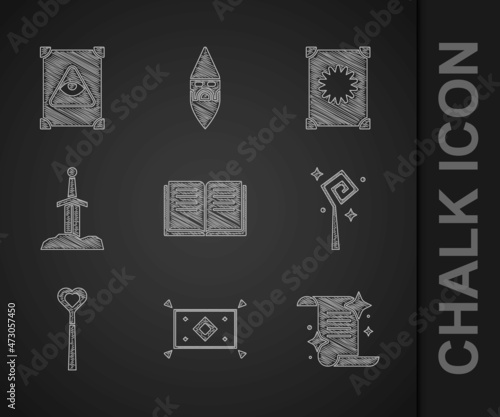Set Ancient magic book, Magic carpet, staff, wand, Sword in the stone, and icon. Vector