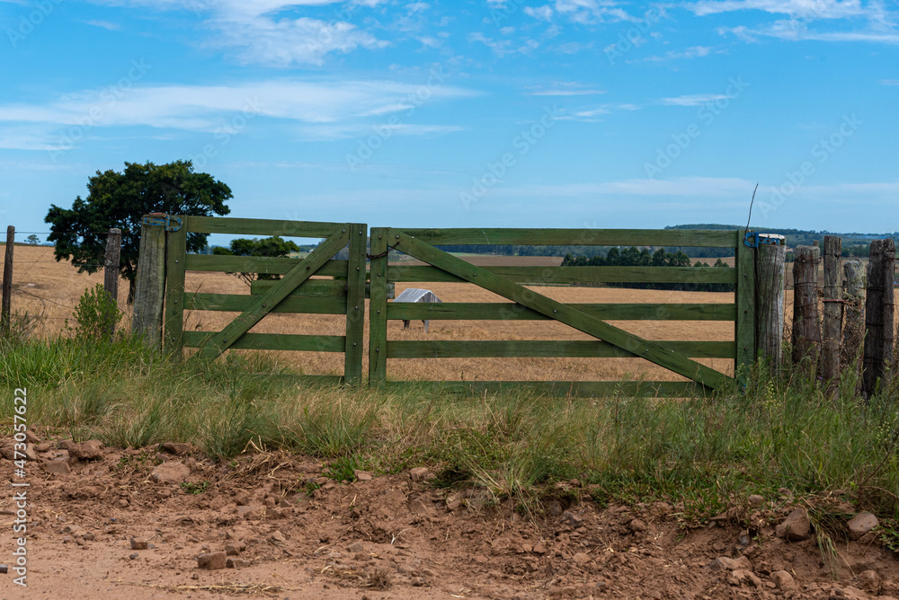 Farm gate and pasture and cattle breeding field