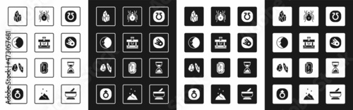 Set Life, Bottle with potion, Moon, Magic stone, Comet falling down fast, Spider, Old hourglass sand and icon. Vector