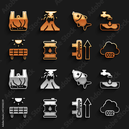 Set Barrel oil, Water problem, CO2 emissions in cloud, Global warming, Solar energy panel, Dead fish, Say no to plastic bags poster and Volcano eruption with lava icon. Vector