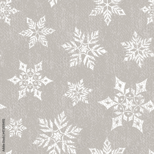 White winter snowflake on linen textured background. Christmas seamless pattern. Vector illustration.