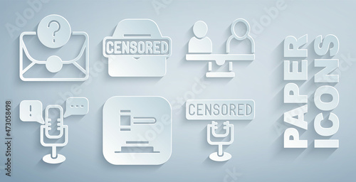 Set Judge gavel, Gender equality, Freedom of speech, Censored stamp, and Envelope with question mark icon. Vector