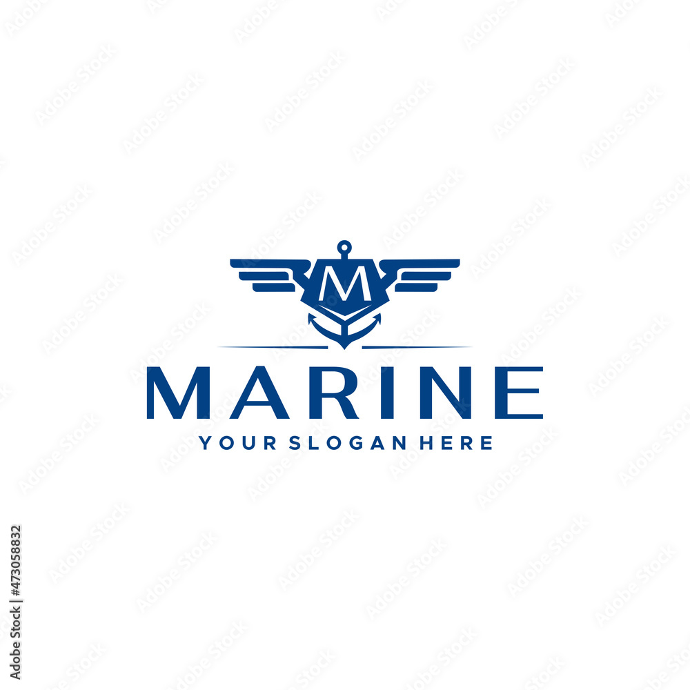Flat letter mark initial M MARINE blue logo design