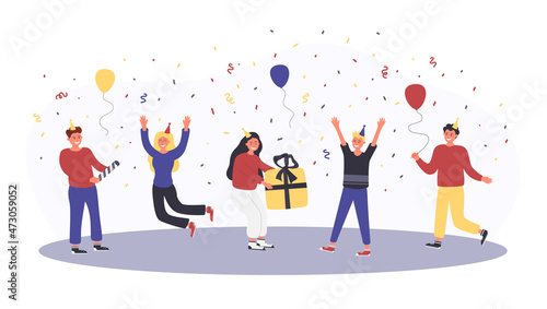 Group of friends are having fun raising their hands up with confetti. Vector flat illustration on a white background of people with a gift  balloons and birthday caps.