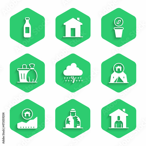 Set Cloud with rain, Homeless, Shelter for homeless, Tourist tent, Rising cost of housing, Trash can, Donation money and Bottle water icon. Vector