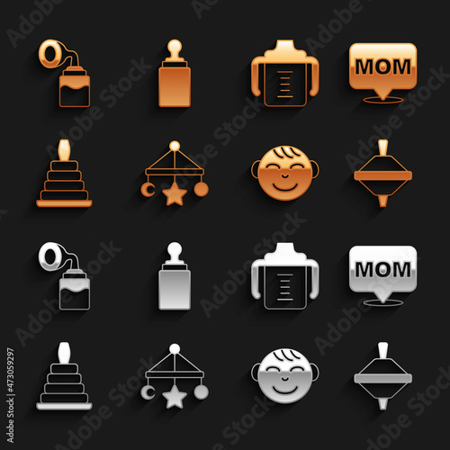 Set Baby crib hanging toys, Speech bubble mom, Whirligig, Little boy head, Pyramid, bottle, Breast pump and icon. Vector