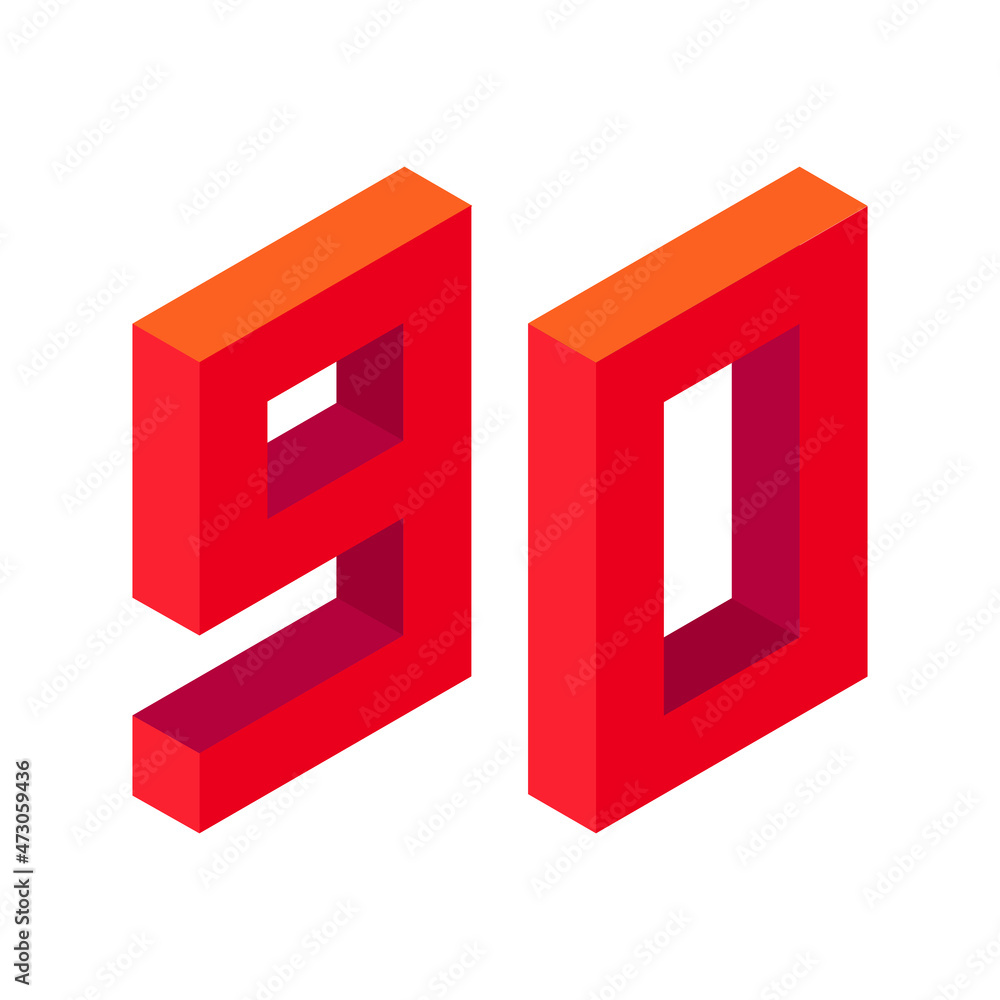 Red number 90 in isometric style. Isolated on white background. Learning numbers, serial number, price, place. Red number 90 in isometric style. Isolated on white background. Learning numbers, serial number, price, place.