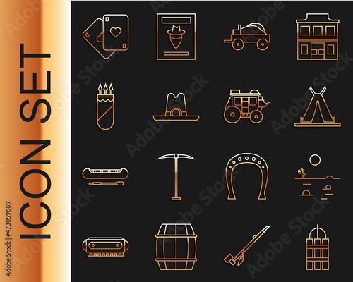 Set line Detonate dynamite bomb stick, Desert landscape with cactus, Indian teepee or wigwam, Wild west covered wagon, Western cowboy hat, Quiver arrows, Playing cards and stagecoach icon. Vector