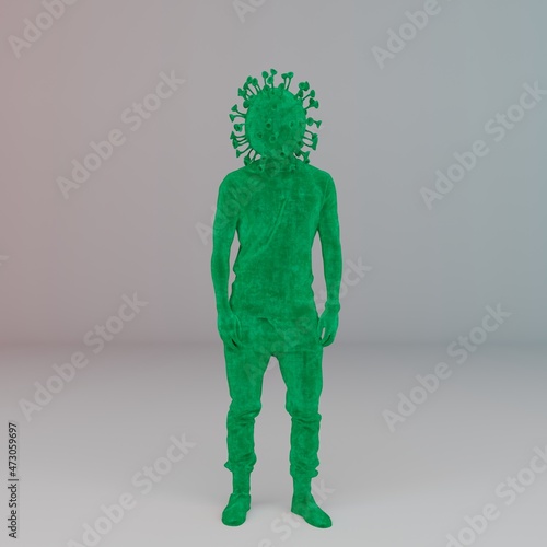 3d illustration of man character with virus cell instead of head and colorful background