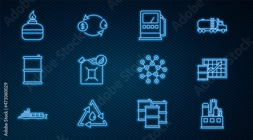 Set line Oil industrial factory building, price increase, Petrol gas station, Bio fuel canister, Barrel oil, Alcohol spirit burner, Molecule and exchange icon. Vector