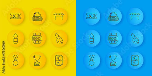 Set line Medal, Fitness shaker, Stopwatch, Air hockey table, Whistle, Hockey sports ticket, and Sport bag icon. Vector