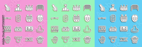 Set line Hockey helmet, Mallet for playing air hockey, mask, stadium, Ice rink, Human broken bone, Whistle and Stopwatch icon. Vector