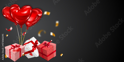 Vector illustration for Valentine's Day with helium balloons, small blurry pieces of serpentine and several red, pink and white gift boxes with ribbons, bows and pattern of hearts, on black background