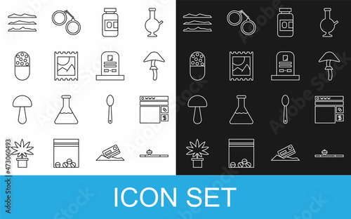 Set line Opium pipe, Buying drugs online, Psilocybin mushroom, Medicine bottle and pills, LSD acid mark, or tablet, Cocaine heroin and Tombstone with RIP written icon. Vector