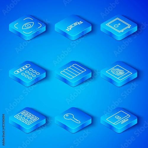 Set line Server, Data, Web Hosting, Garden fence wooden, Key, Fingerprint, Safe, Password protection, Eye scan and Lock computer monitor icon. Vector
