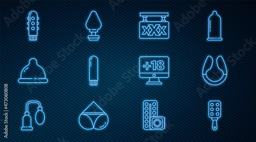 Set line Spanking paddle, Dildo vibrator, Sex shop, Condom, Monitor with 18 plus content and Anal plug icon. Vector
