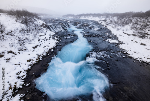 Bruarfoss waterfall in Iceland in winter