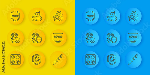 Set line Pills in blister pack, Positive virus, Shield protecting from, Virus, Corona covid-19 on location, and Negative icon. Vector