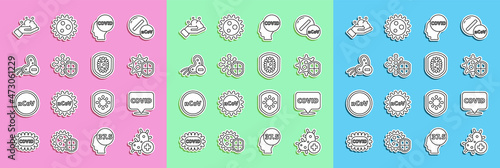 Set line Positive virus, Corona covid-19 on location, Shield protecting from, Negative, Washing hands with soap and icon. Vector