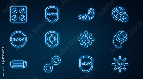 Set line Virus, Human and virus, Shield protecting from, Corona 2019-nCoV, Pills blister pack, and icon. Vector