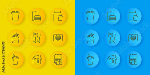 Set line Coffee cup to go, Asian noodles and chopsticks, Fork spoon, Paper financial check, Online ordering burger delivery, and icon. Vector