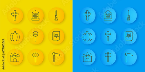 Set line Castle, Pumpkin, Lollipop, Scythe, Ancient magic book, Tombstone with cross, Witches broom and RIP written icon. Vector