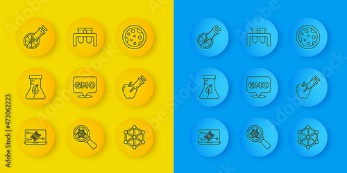 Set line Genetic engineering modification, Test tube and flask, GMO, Genetically modified apple, orange, Petri dish with bacteria and icon. Vector