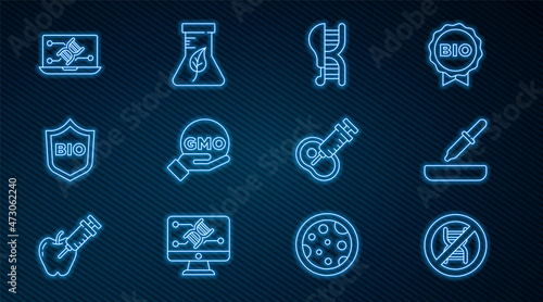 Set line Stop GMO, Pipette, Genetically modified chicken, Shield for bio healthy food, engineering modification, meat and Test tube and flask icon. Vector