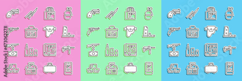 Set line Shop weapon in mobile app, Submachine gun M3, Gun magazine and bullets, Buying pistol, Military ammunition box, Revolver, Small revolver and holster icon. Vector