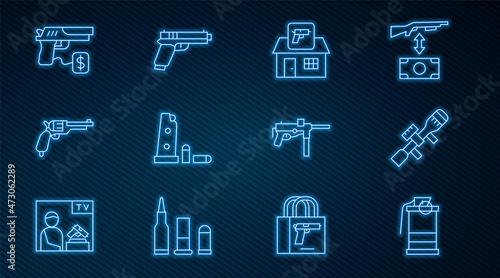 Set line Hand smoke grenade, Sniper optical sight, Hunting shop weapon, Gun magazine bullets, Revolver gun, Buying pistol, Submachine M3 and Pistol or icon. Vector