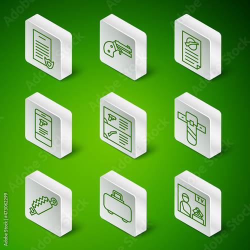 Set line Advertising weapon, Weapon case, Firearms license certificate, catalog, Shop mobile app, Small gun revolver, Trap hunting and Knife holster icon. Vector