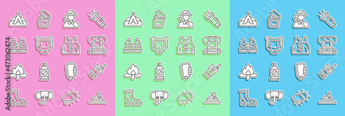 Set line Hunter hat, Walkie talkie, Hiking backpack, Monkey, Binoculars, Tourist tent and Hunting jacket icon. Vector