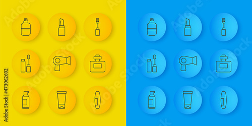 Set line Spray can for hairspray, Mascara brush, Hair dryer, Perfume, and Lipstick icon. Vector