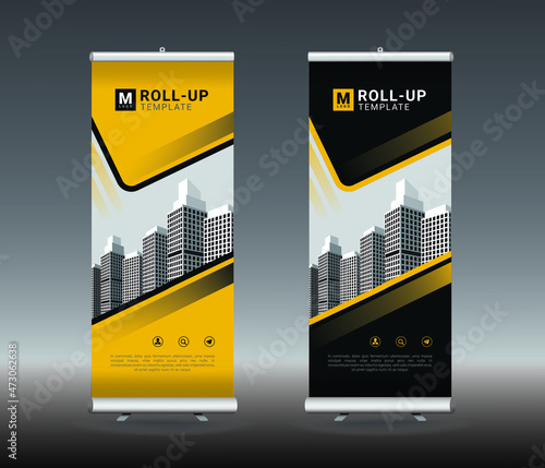 professional minimal roll up banner design template in black , yellow colors